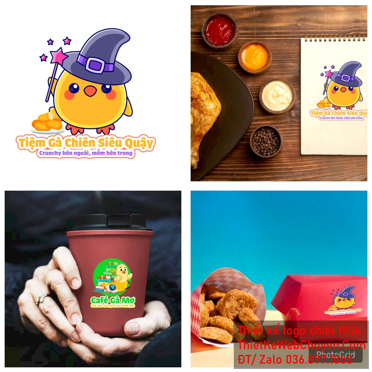 Vẽ chibi chú gà con đội mũ xanh cầm ngôi sao bán gà chiên để thiết kế logo Chi tiết Linh vật gà con phù thủy