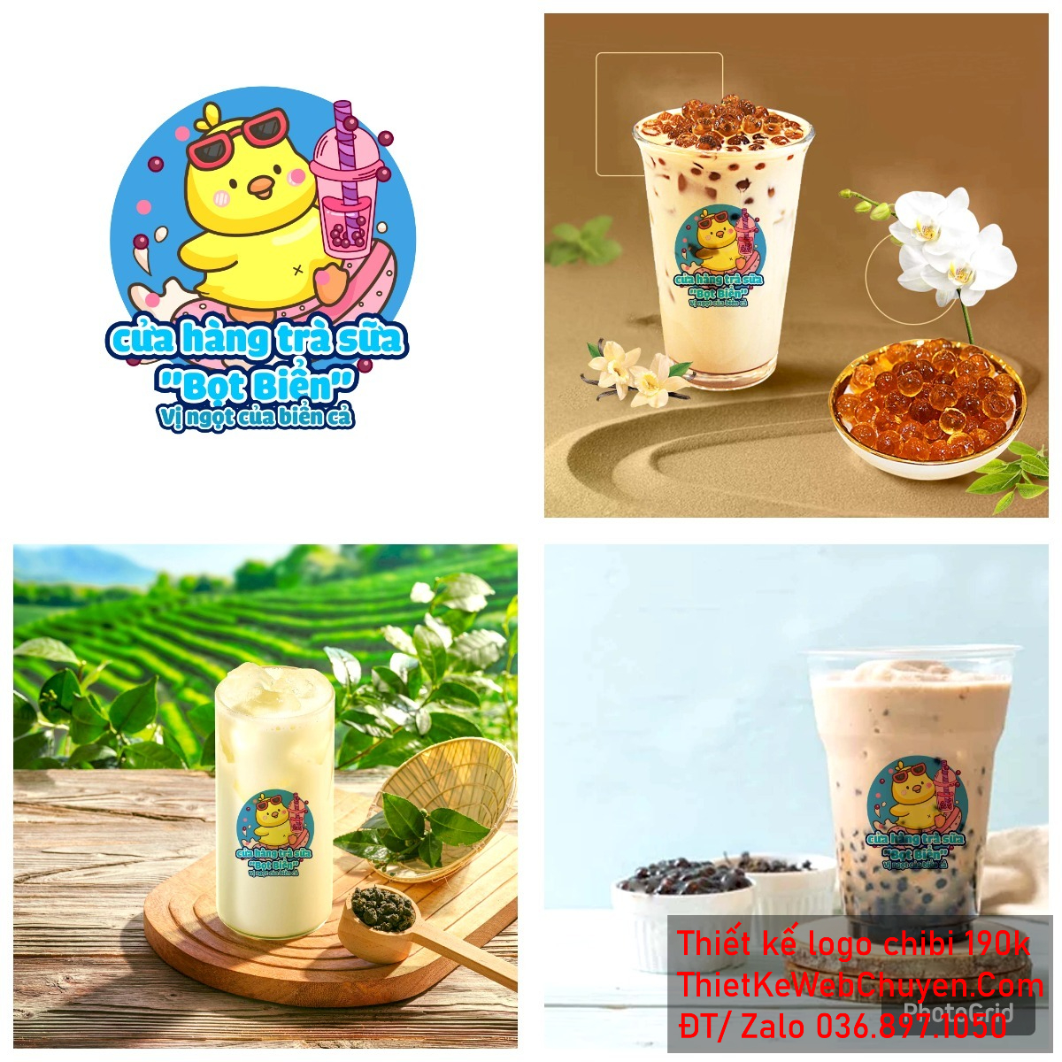 Vẽ chibi chú gà con màu vàng đang lướt sóng uống trà sữa để thiết kế logo hoàn thiện