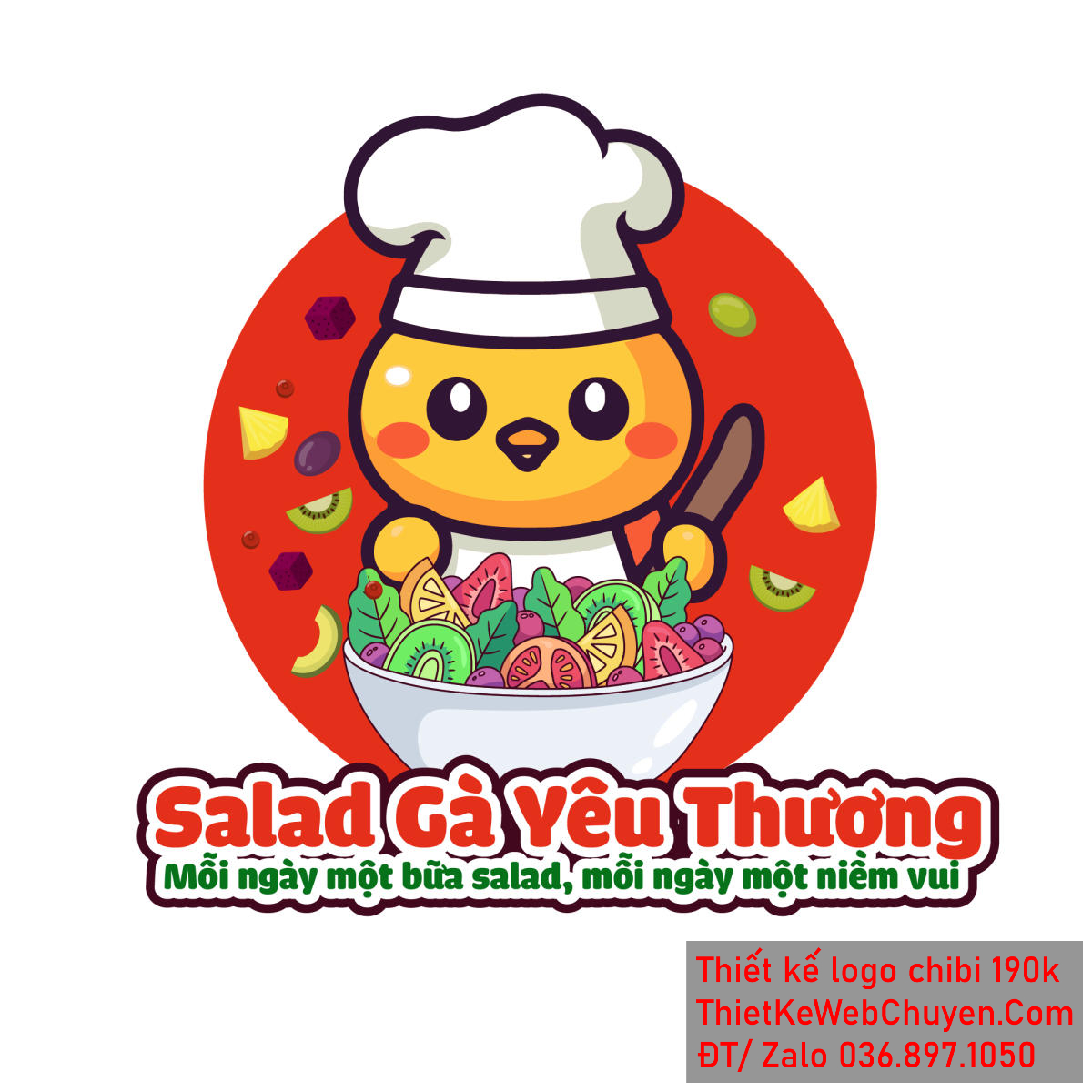 Vẽ chibi chú gà đầu bếp đang làm salad hoa quả thơm ngon để thiết kế logo Vẽ chibi chú gà đầu bếp đang làm salad hoa quả thơm ngon để thiết kế logo mẫu 1