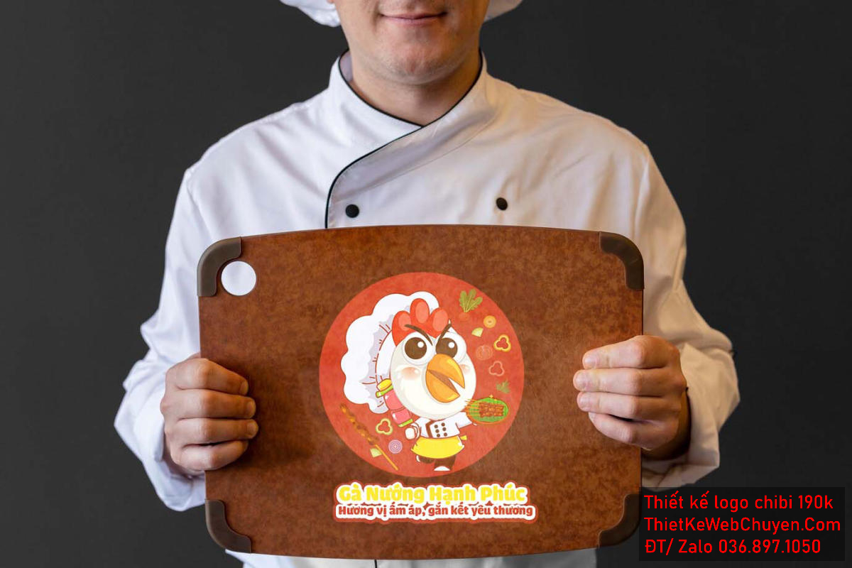 Vẽ chibi chú gà đầu bếp mặt to bán thịt nướng để thiết kế logo Logo Gà Đầu Bếp Chibi trên nền đen