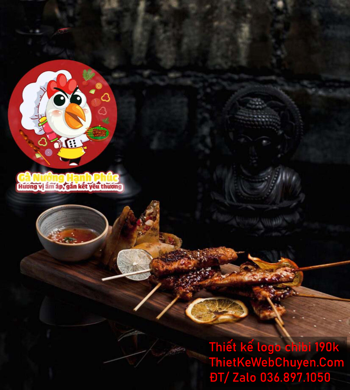 Vẽ chibi chú gà đầu bếp mặt to bán thịt nướng để thiết kế logo Ứng dụng Vẽ chibi chú gà đầu bếp mặt to bán thịt nướng