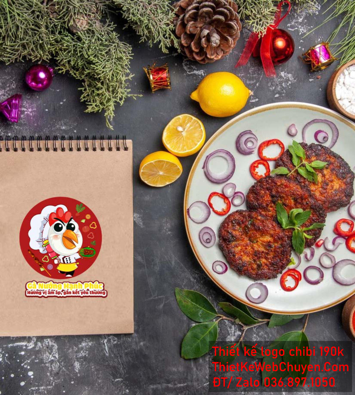 Vẽ chibi chú gà đầu bếp mặt to bán thịt nướng để thiết kế logo Phối cảnh Logo Thịt Nướng Chibi