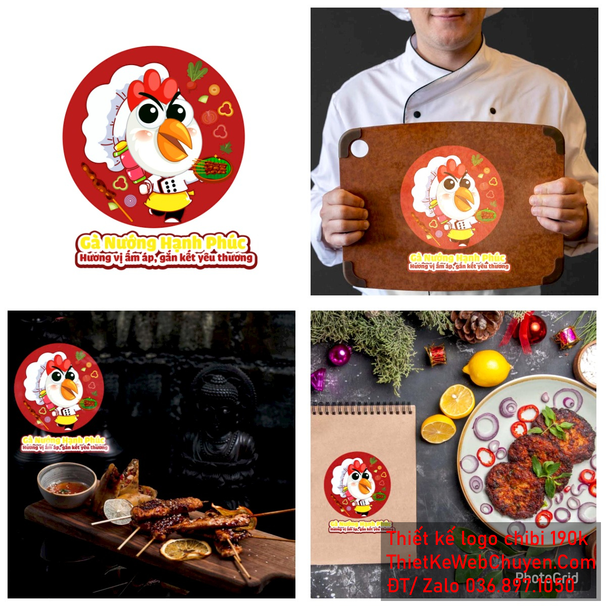 Vẽ chibi chú gà đầu bếp mặt to bán thịt nướng để thiết kế logo Chi tiết Linh vật gà đầu bếp