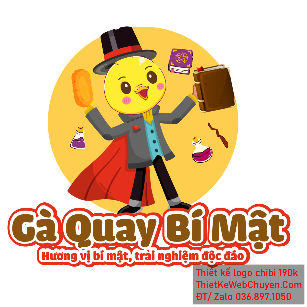 Vẽ chibi chú gà đội mũ đen mặc áo vest bán gà quay và cầm sách ma thuật để thiết kế logo Vẽ chibi chú gà đội mũ đen mặc áo vest bán gà quay và cầm sách ma thuật để thiết kế logo