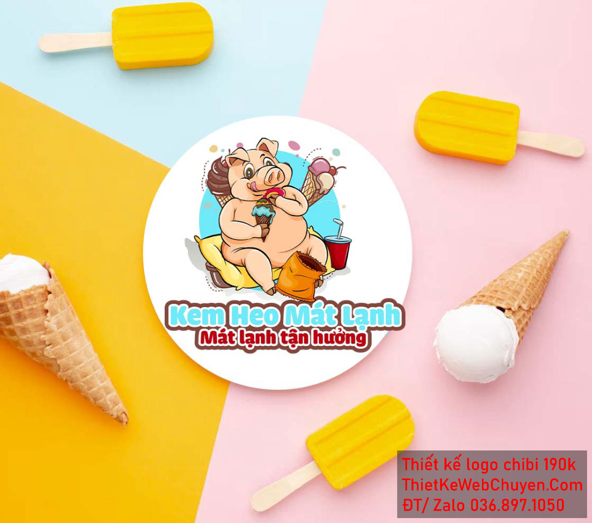 Vẽ chibi chú heo béo ăn kem trong thế giới ăn vặt để thiết kế logo Vẽ chibi chú heo béo ăn kem trong thế giới ăn vặt để thiết kế logo