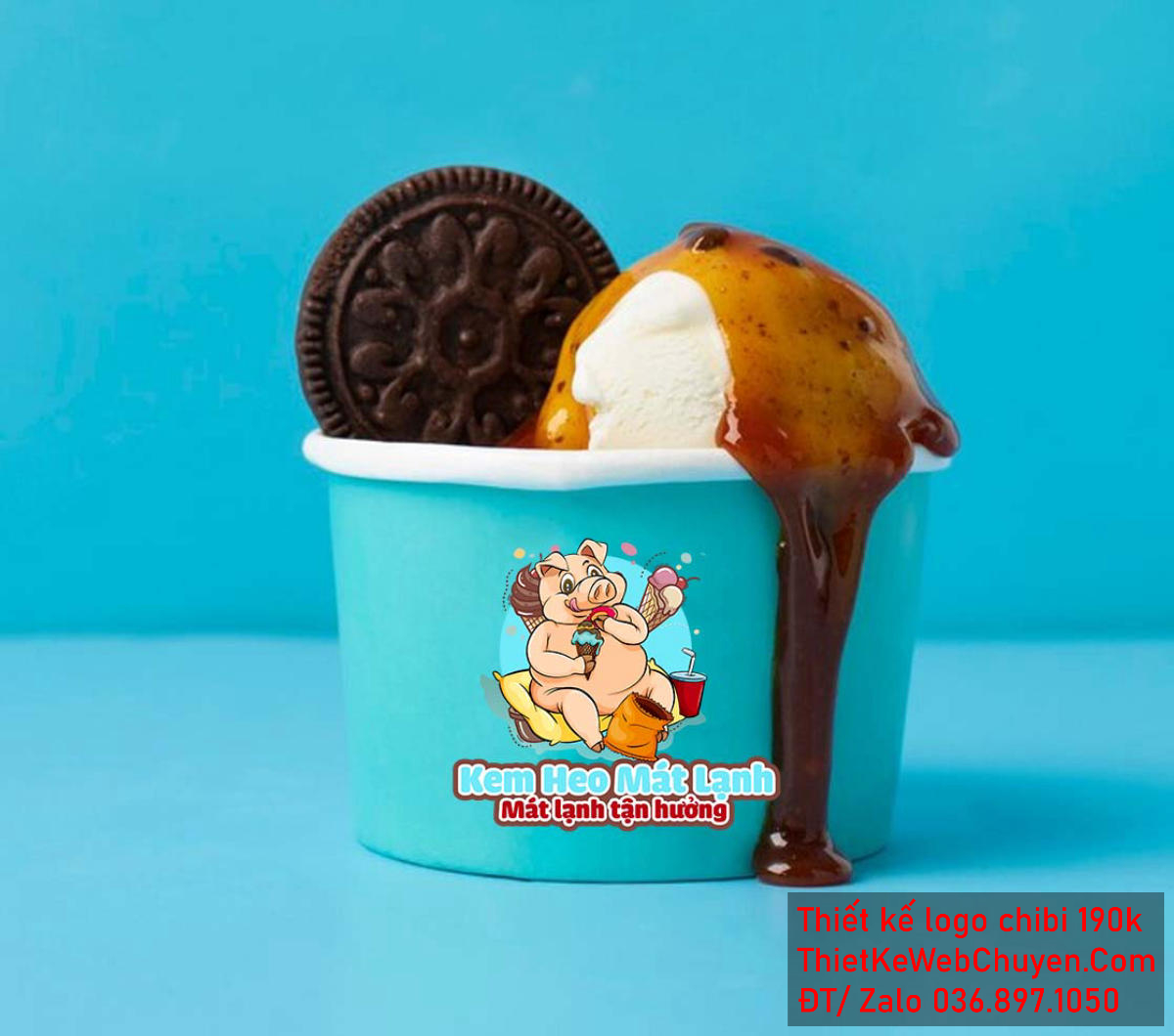 Vẽ chibi chú heo béo ăn kem trong thế giới ăn vặt để thiết kế logo Vẽ chibi chú heo béo ăn kem trong thế giới ăn vặt để thiết kế logo