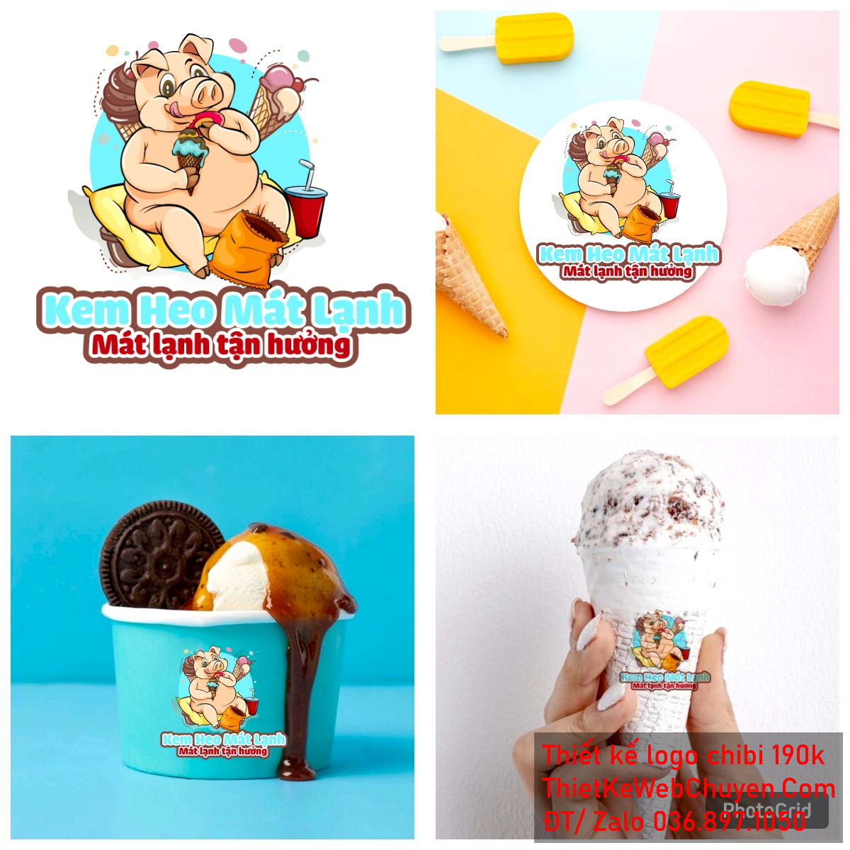 Vẽ chibi chú heo béo ăn kem trong thế giới ăn vặt để thiết kế logo Vẽ chibi chú heo béo ăn kem trong thế giới ăn vặt để thiết kế logo