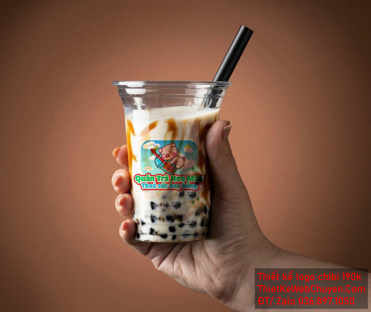Vẽ chibi chú heo con đang ôm trà sữa bay trên trời để thiết kế logo Vẽ chibi chú heo con đang ôm trà sữa bay trên trời để thiết kế logo