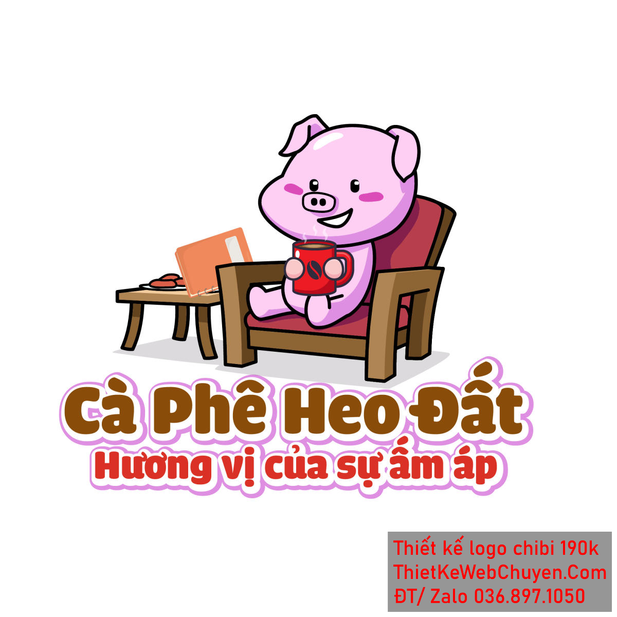 Vẽ chibi chú heo con dễ thương đang uống cà phê trên ghế sô pha để thiết kế logo Vẽ chibi chú heo con dễ thương đang uống cà phê trên ghế sô pha để thiết kế logo
