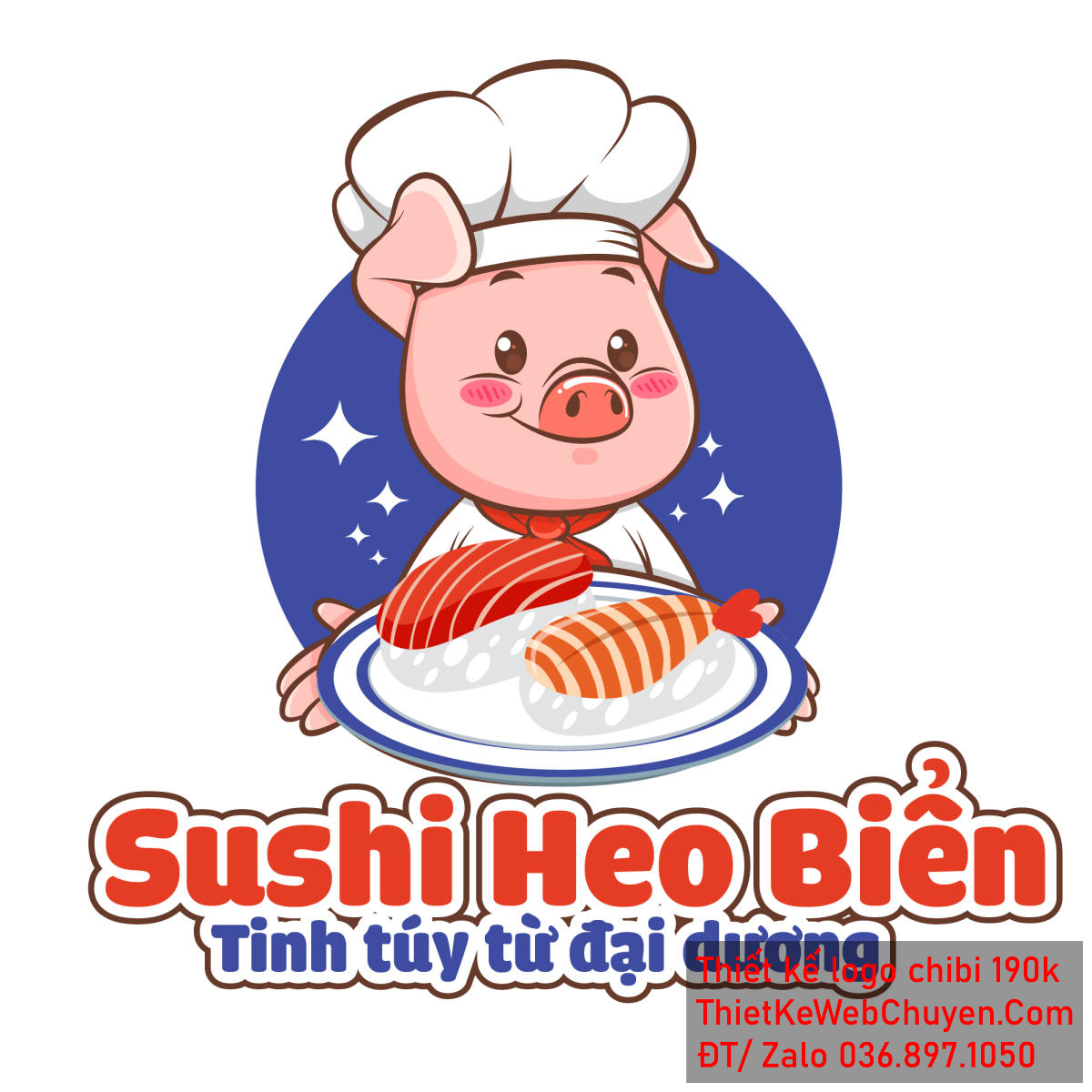 Vẽ chibi chú heo đầu bếp cầm đĩa sushi để thiết kế logo Vẽ chibi chú heo đầu bếp cầm đĩa sushi để thiết kế logo