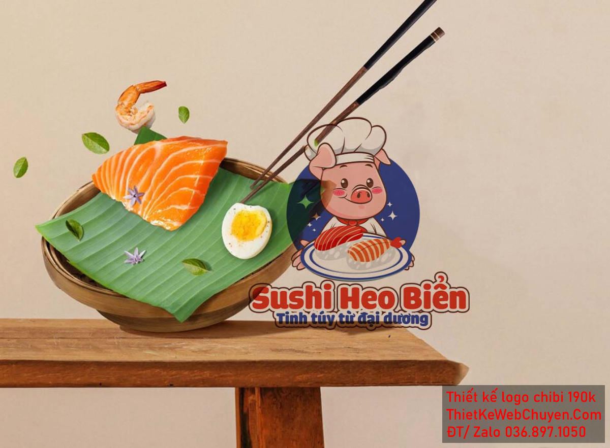 Vẽ chibi chú heo đầu bếp cầm đĩa sushi để thiết kế logo Vẽ chibi chú heo đầu bếp cầm đĩa sushi để thiết kế logo