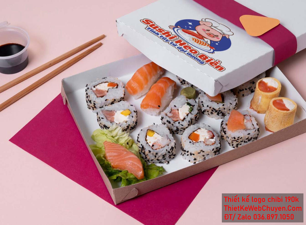 Vẽ chibi chú heo đầu bếp cầm đĩa sushi để thiết kế logo Vẽ chibi chú heo đầu bếp cầm đĩa sushi để thiết kế logo