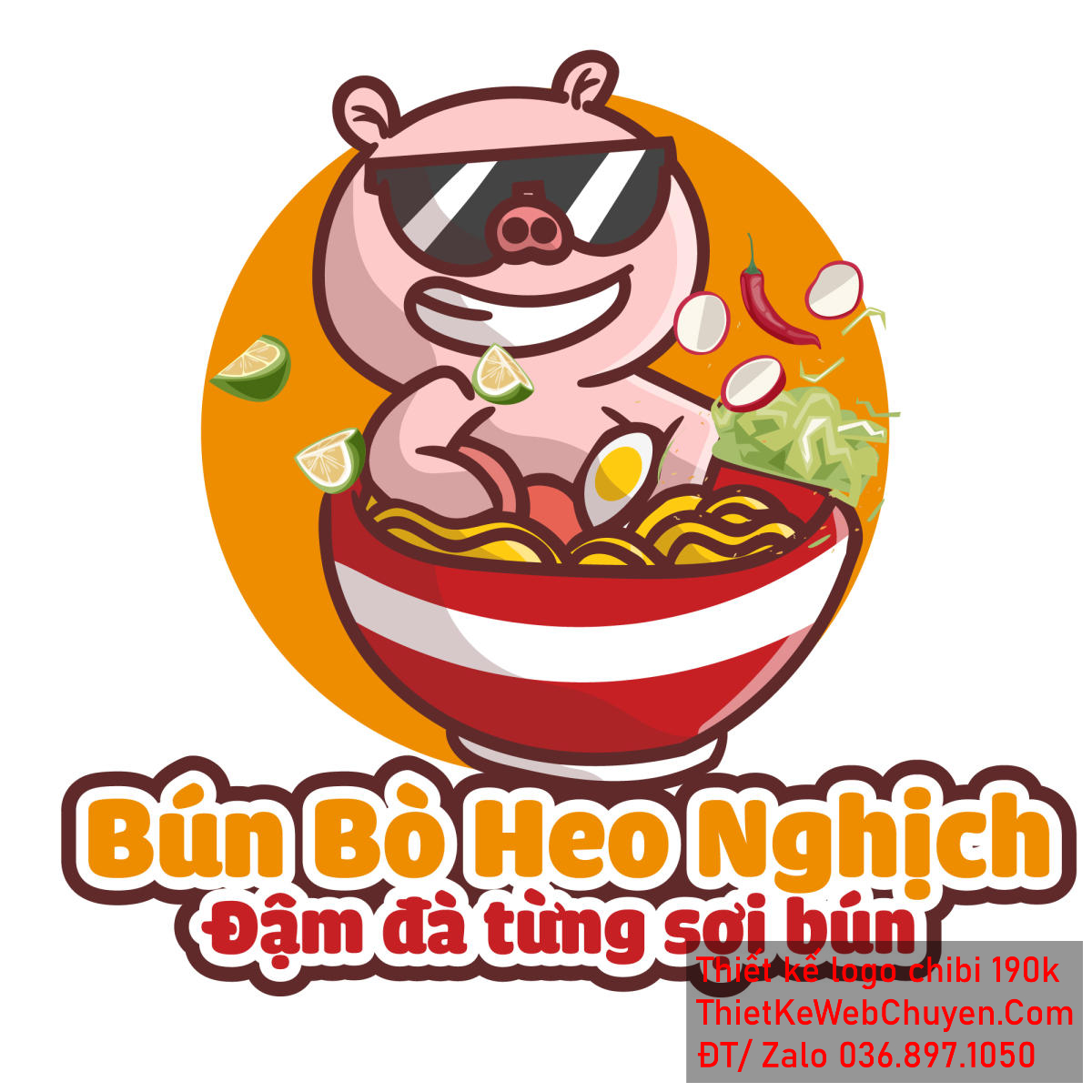 Vẽ chibi chú heo đeo kính cá tính đang ăn bún bò để thiết kế logo Vẽ chibi chú heo đeo kính cá tính đang ăn bún bò để thiết kế logo