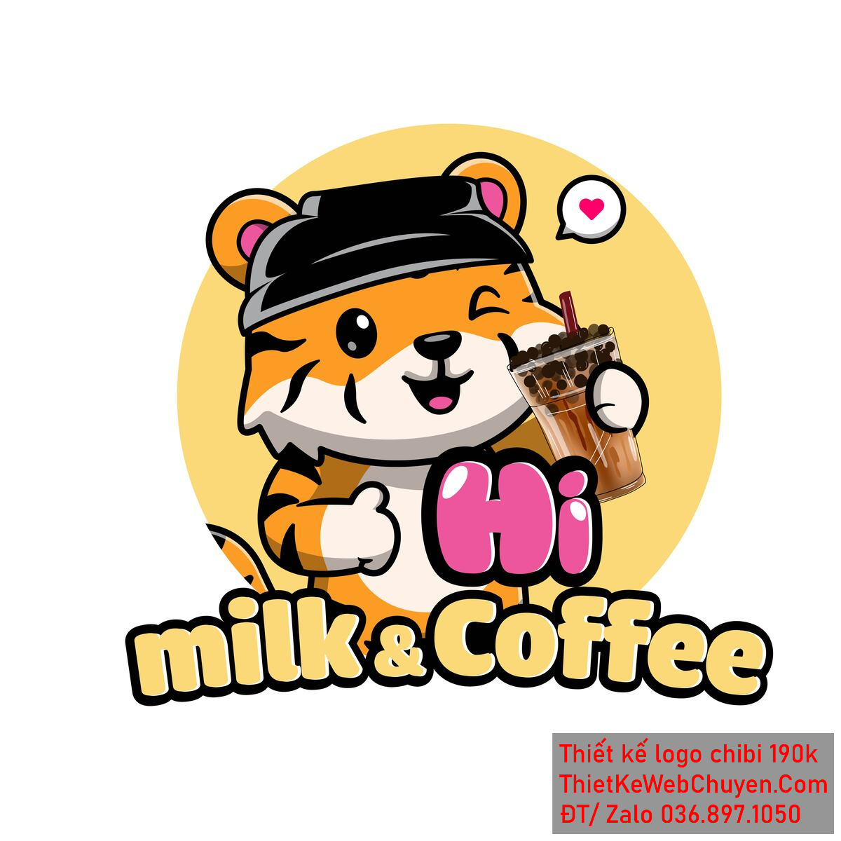 Vẽ chibi chú hổ vàng đeo mũ đen bán trà sữa để thiết kế logo 1