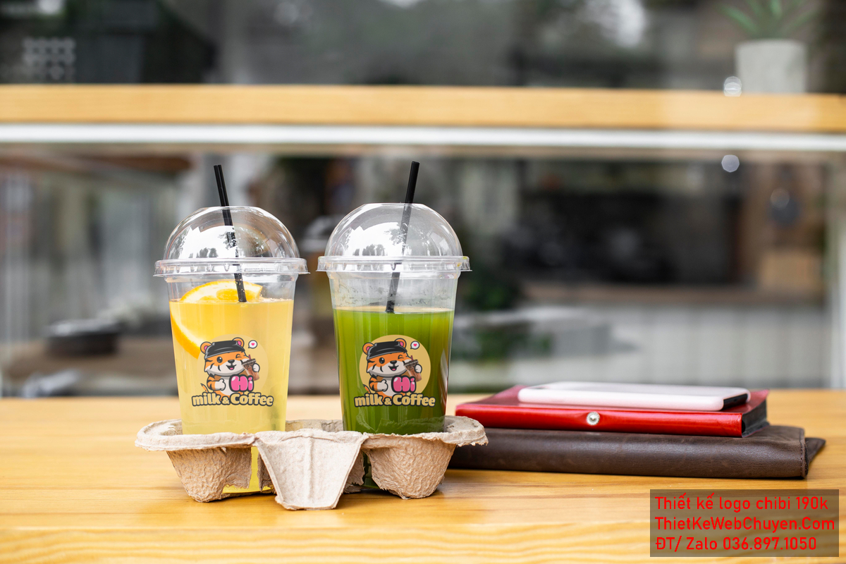 Vẽ chibi chú hổ vàng đeo mũ đen bán trà sữa để thiết kế logo 3
