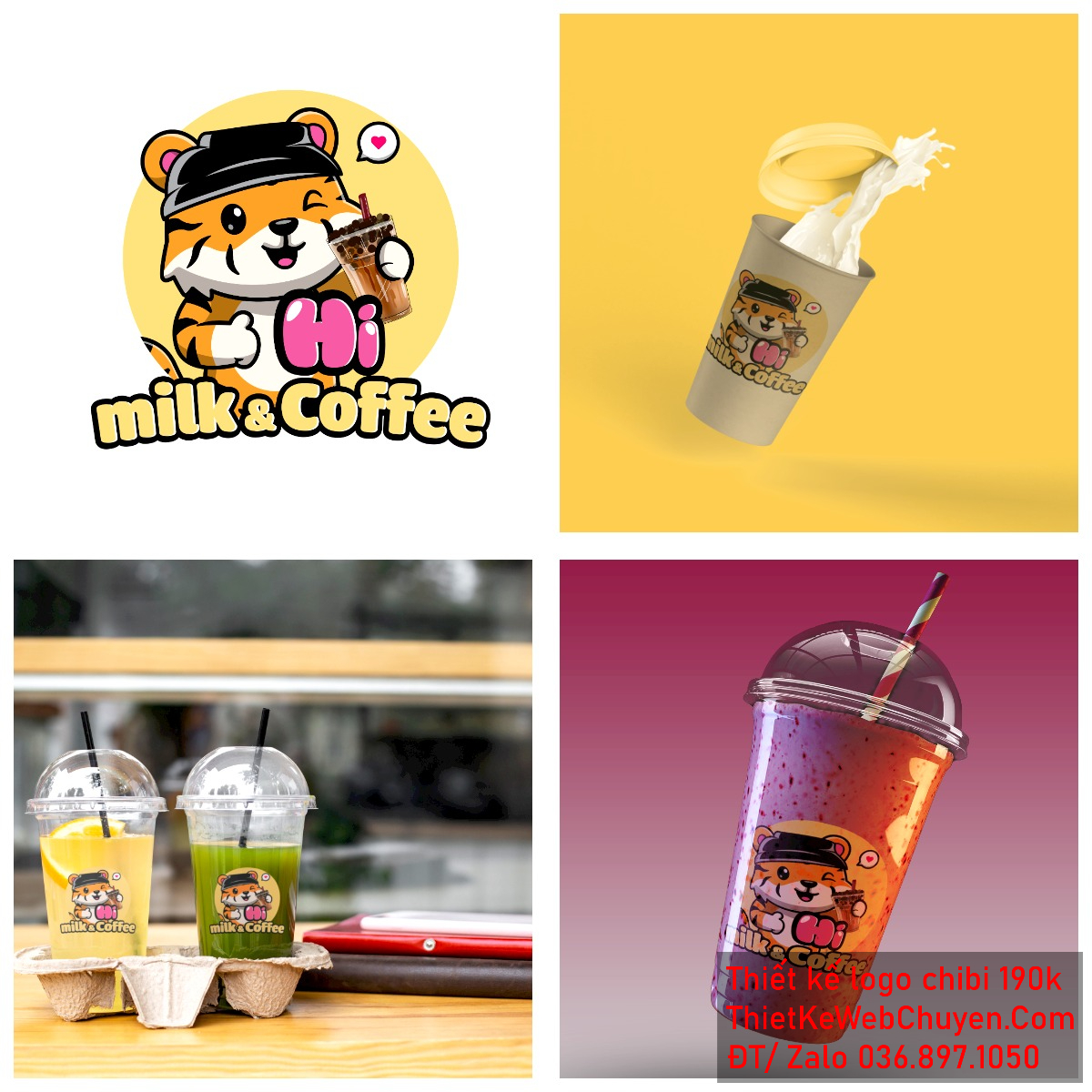 Vẽ chibi chú hổ vàng đeo mũ đen bán trà sữa để thiết kế logo 5