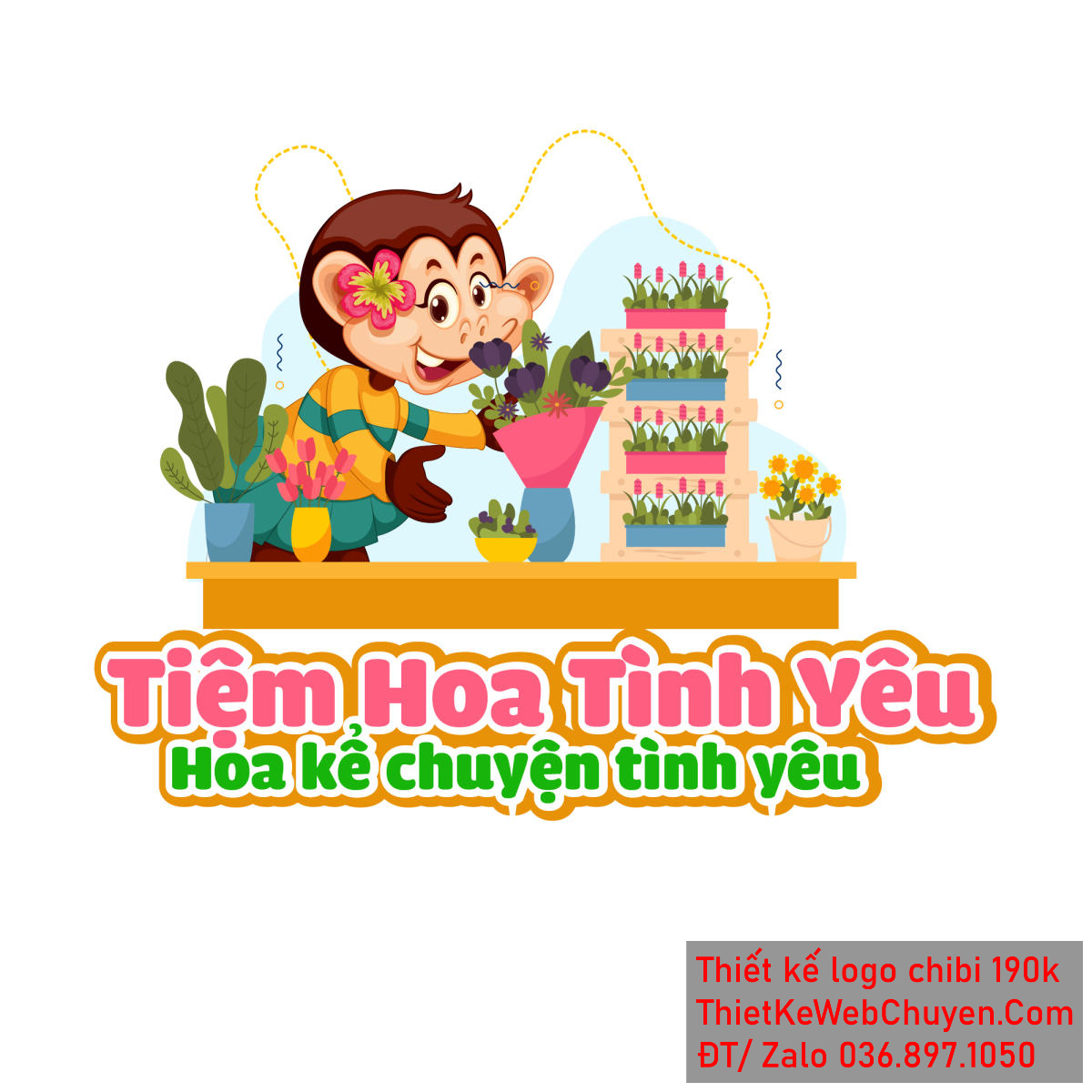 Vẽ chibi chú khỉ cài hoa trên tai đang bán hoa để thiết kế logo Vẽ chibi chú khỉ cài hoa trên tai đang bán hoa để thiết kế logo