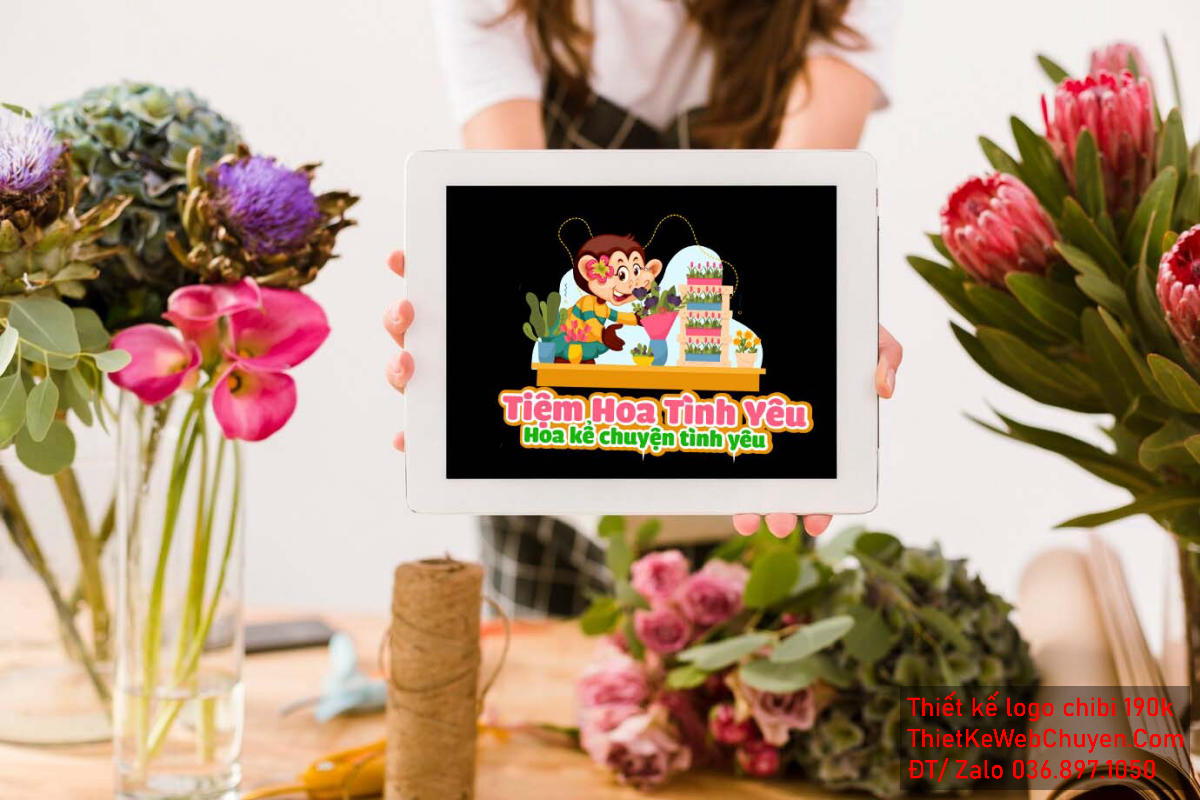 Vẽ chibi chú khỉ cài hoa trên tai đang bán hoa để thiết kế logo Vẽ chibi chú khỉ cài hoa trên tai đang bán hoa để thiết kế logo