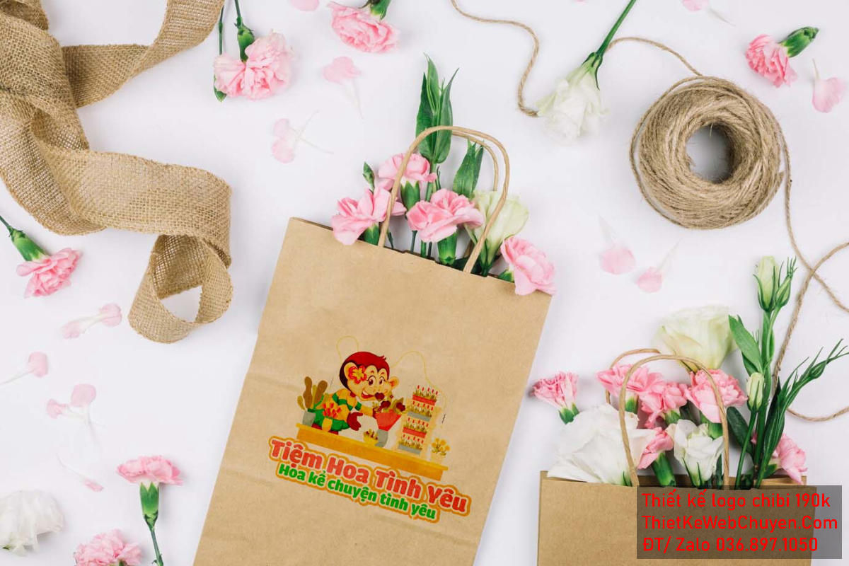 Vẽ chibi chú khỉ cài hoa trên tai đang bán hoa để thiết kế logo Phối cảnh Thiết kế logo khỉ bán hoa