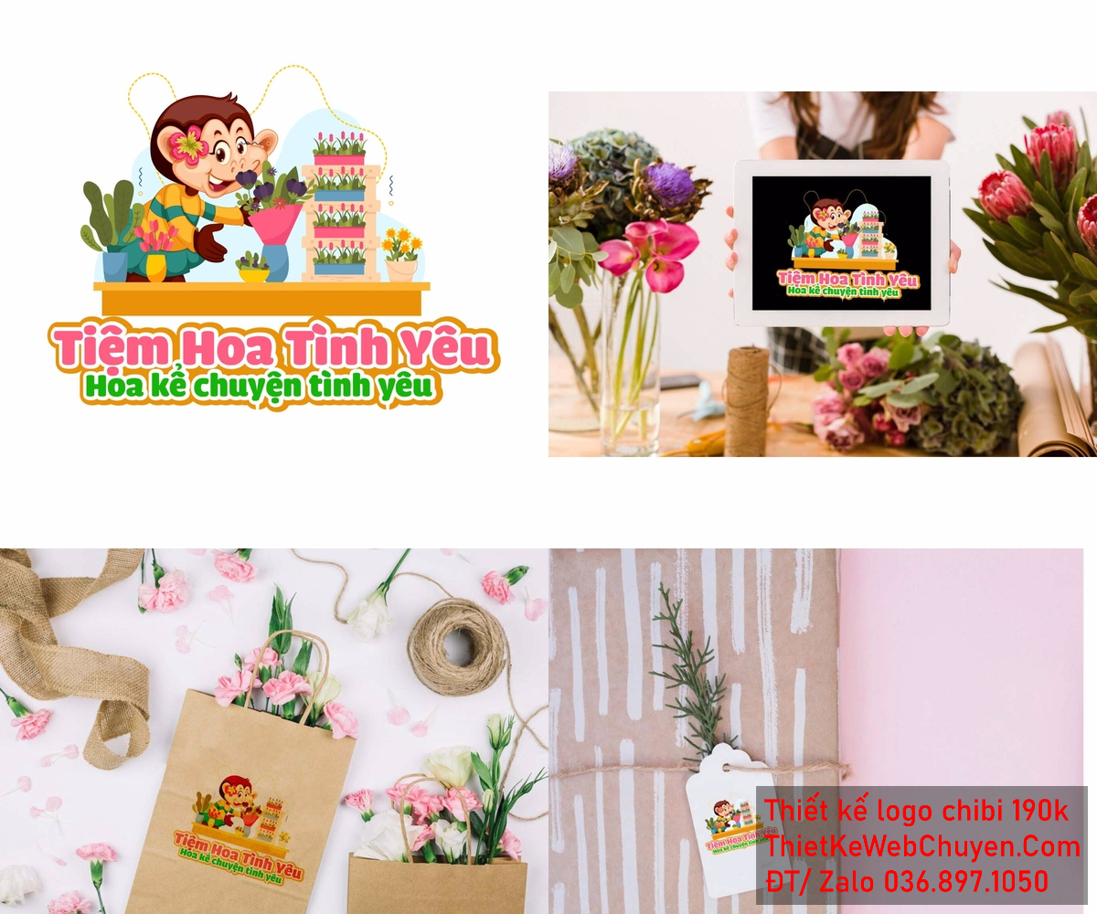 Vẽ chibi chú khỉ cài hoa trên tai đang bán hoa để thiết kế logo Chi tiết Linh vật khỉ bán hoa