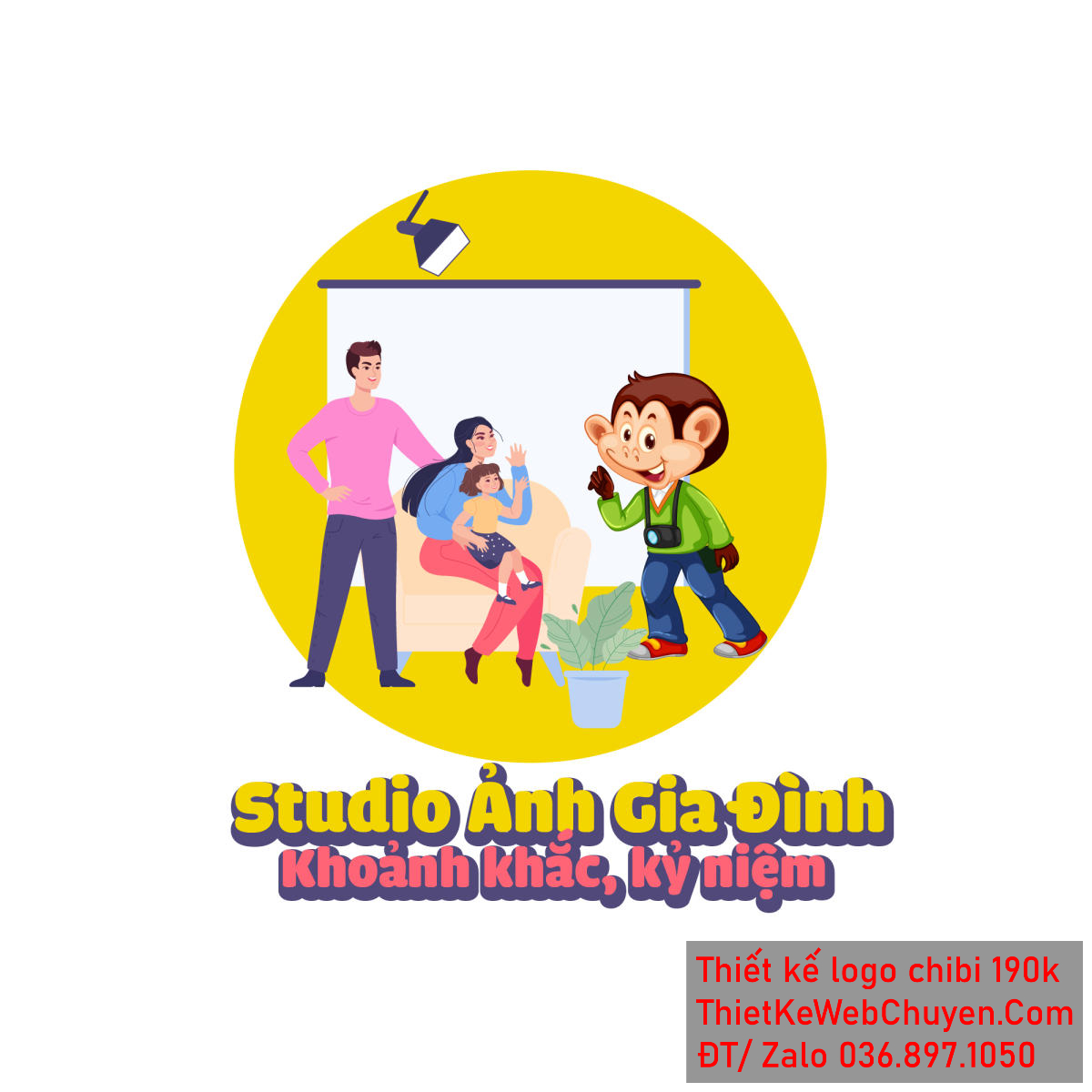 Vẽ chibi chú khỉ đang chào gia đình ba người đang ngồi trên ghế sô pha để thiết kế logo Vẽ chibi chú khỉ đang chào gia đình ba người đang ngồi trên ghế sô pha để thiết kế logo mẫu 1