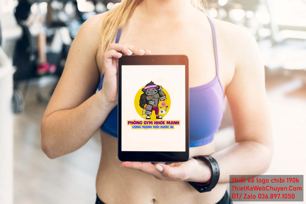 Vẽ chibi chú khỉ đen lực lưỡng đeo khăn tím tập gym để thiết kế logo Logo Khỉ Gym Chibi ứng dụng