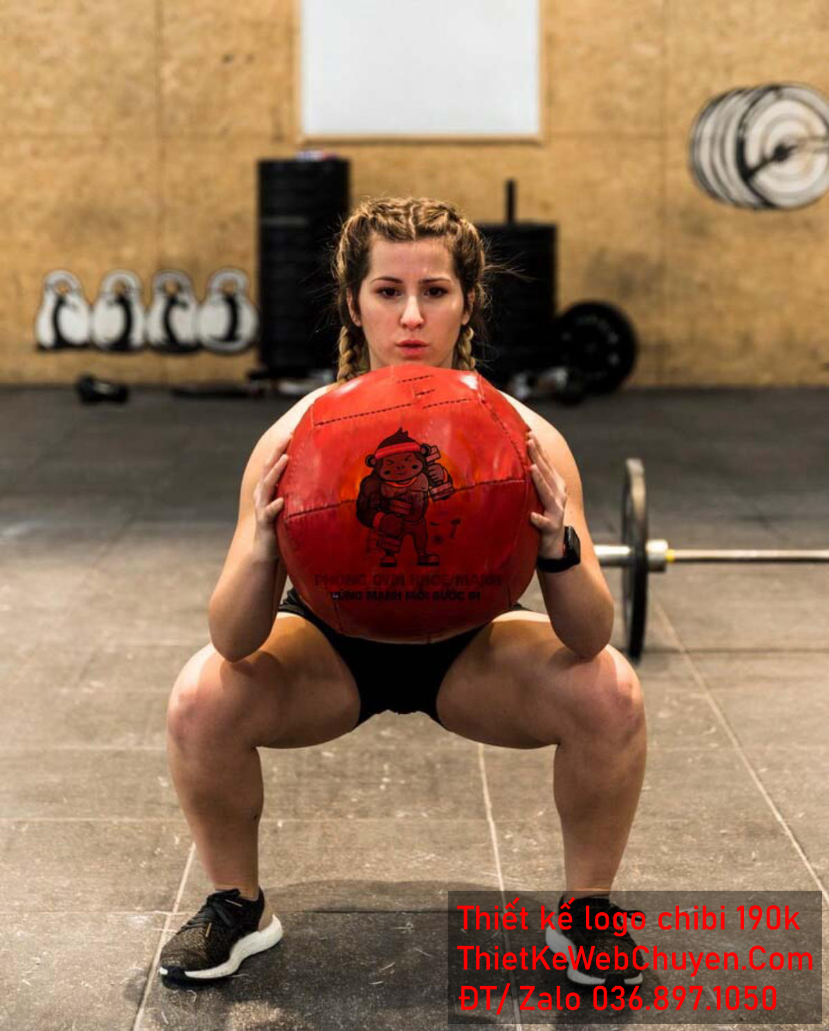 Vẽ chibi chú khỉ đen lực lưỡng đeo khăn tím tập gym để thiết kế logo Phối cảnh Thiết kế logo khỉ tập gym