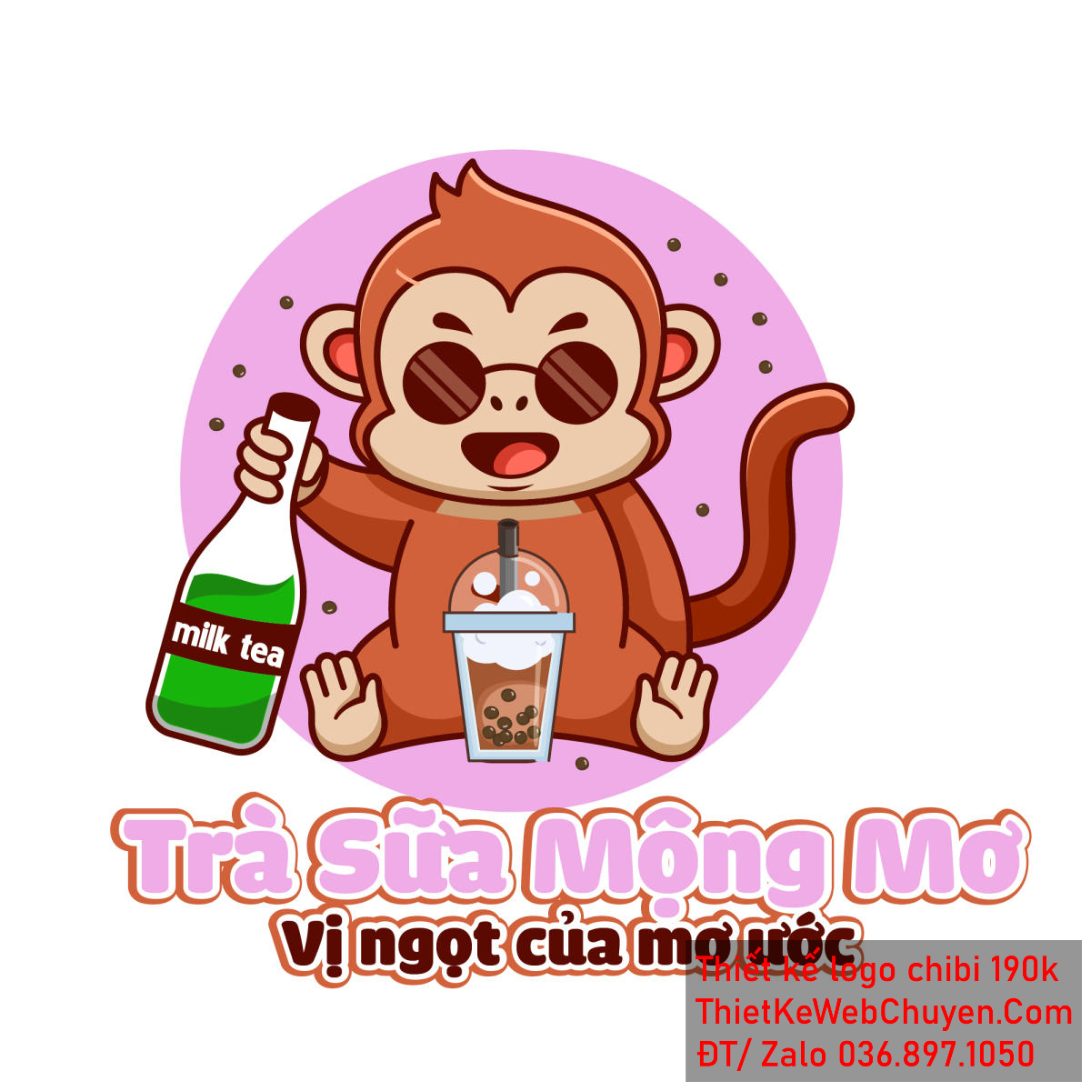 Mẫu Vẽ chibi chú khỉ nâu đeo kính uống trà sữa để thiết kế logo