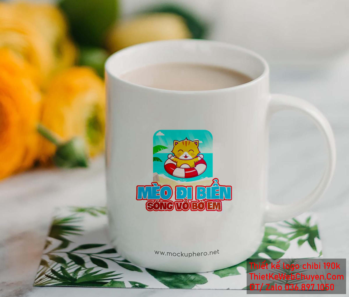 Vẽ chibi chú mèo cam cười vui vẻ khi đi biển để thiết kế logo 3