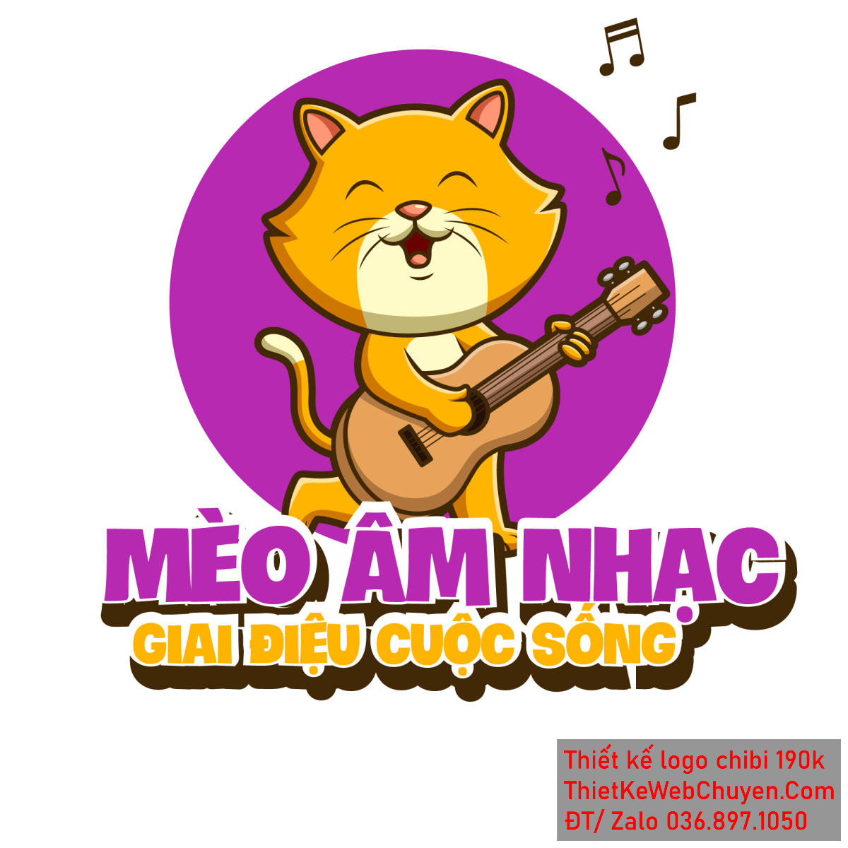 Vẽ chibi chú mèo đang chơi đàn vui vẻ để thiết kế logo toàn thân