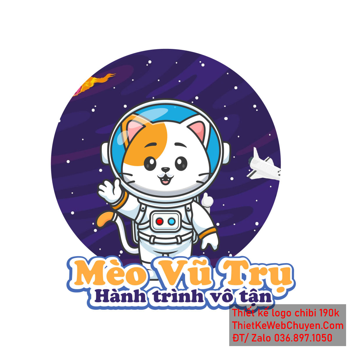 Vẽ chibi chú mèo mặc quần áo phi hành gia bay trong ngân hà để thiết kế logo 1