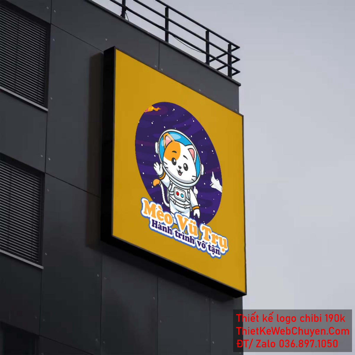 Vẽ chibi chú mèo mặc quần áo phi hành gia bay trong ngân hà để thiết kế logo 3