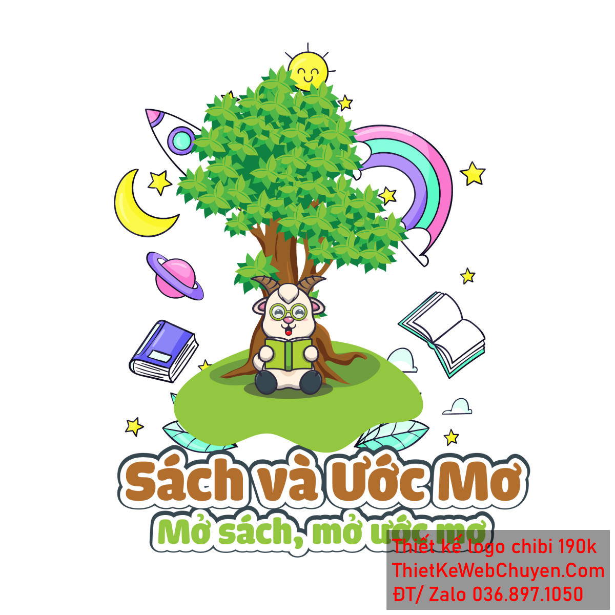 Vẽ chibi chú ngựa đang ngồi đọc sách bên gốc cây để thiết kế logo mẫu 1