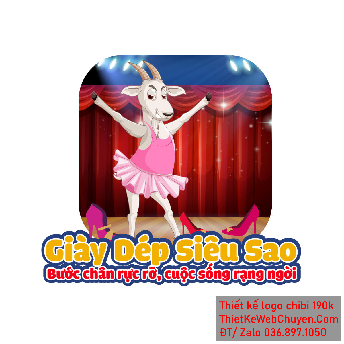 Vẽ chibi chú ngựa mặc váy hồng bán giày dép đang biểu diễn trên sân khấu để thiết kế logo 1