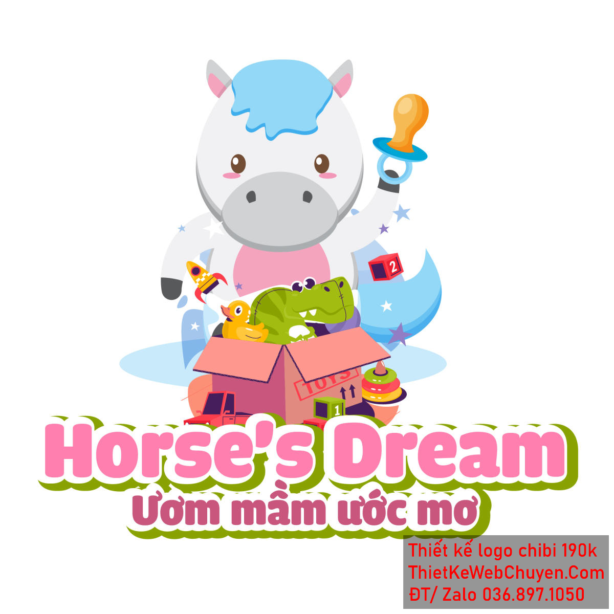 Vẽ chibi chú ngựa trắng lông xanh đáng yêu đang chơi đồ chơi để thiết kế logo góc chính diện