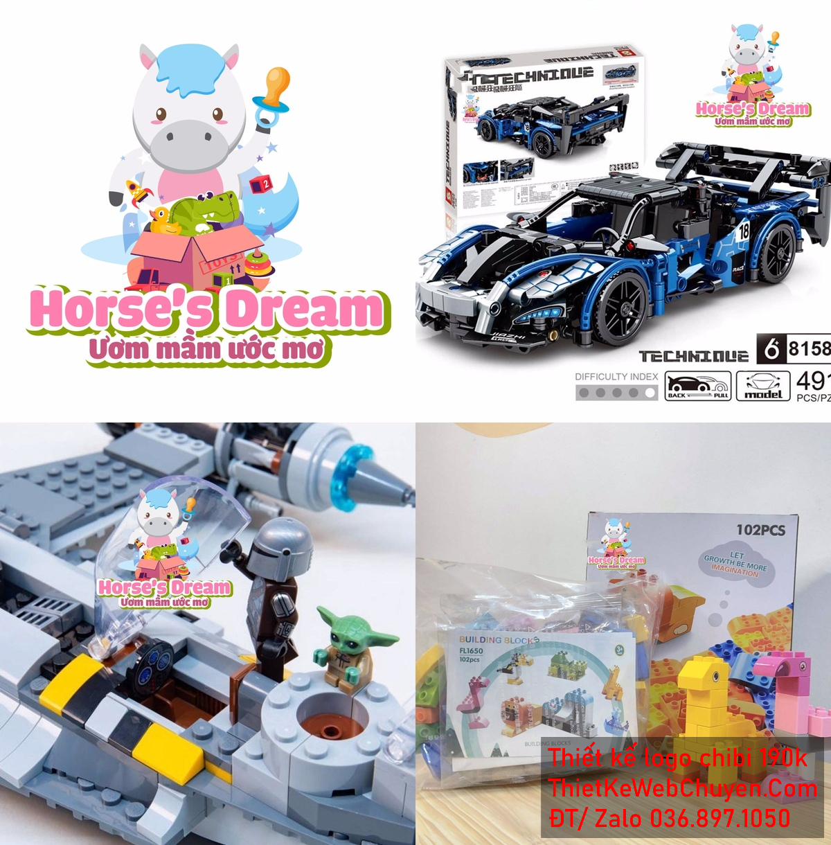 Hoàn thiện vẽ chibi chú ngựa trắng lông xanh đáng yêu đang chơi đồ chơi để thiết kế logo