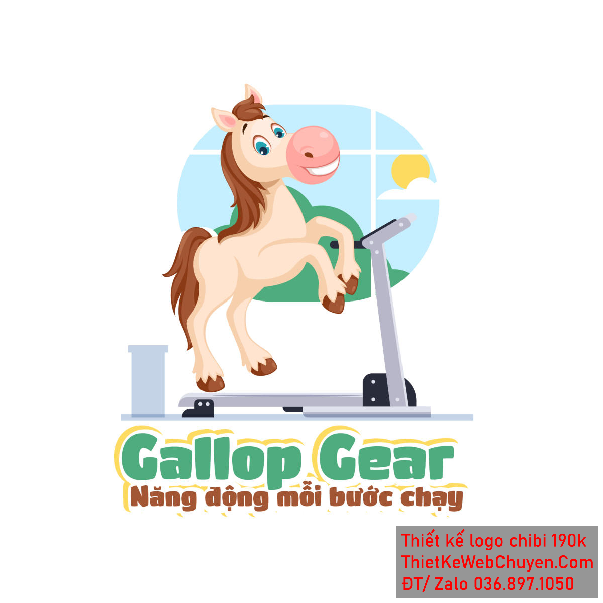 Vẽ chibi chú ngựa trắng trên chiếc máy chạy bộ để thiết kế logo góc nhìn 1