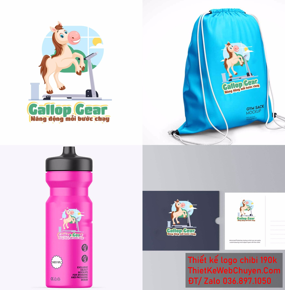 Vẽ chibi chú ngựa trắng trên chiếc máy chạy bộ để thiết kế logo góc nhìn 5