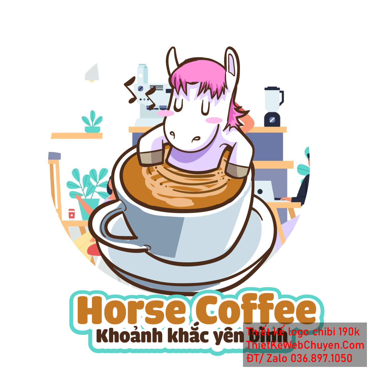 Vẽ chibi chú ngựa trắng trong quán cà phê để thiết kế logo - Mẫu 1