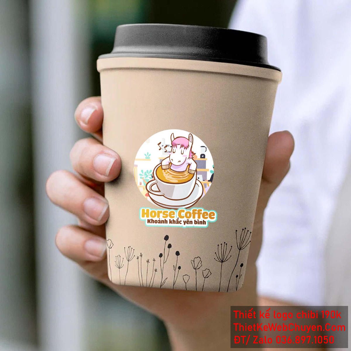 Vẽ chibi chú ngựa trắng trong quán cà phê để thiết kế logo - Mẫu 3