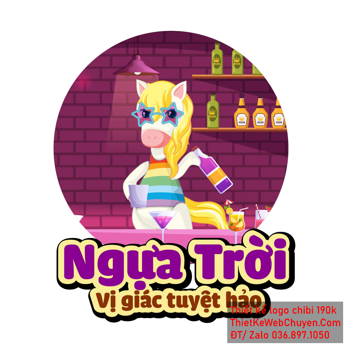 Vẽ chibi chú ngựa trời mặc áo nhiều màu trắng đang pha chế để thiết kế logo - Góc cận cảnh