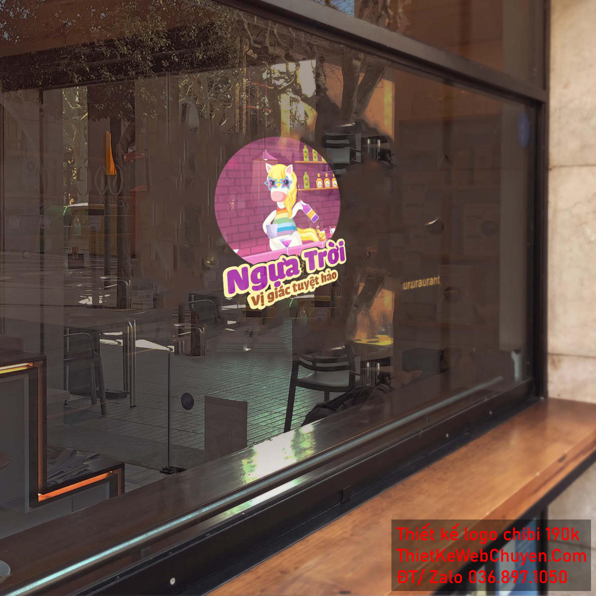 Vẽ chibi chú ngựa trời mặc áo nhiều màu trắng đang pha chế để thiết kế logo - Phối cảnh toàn thân