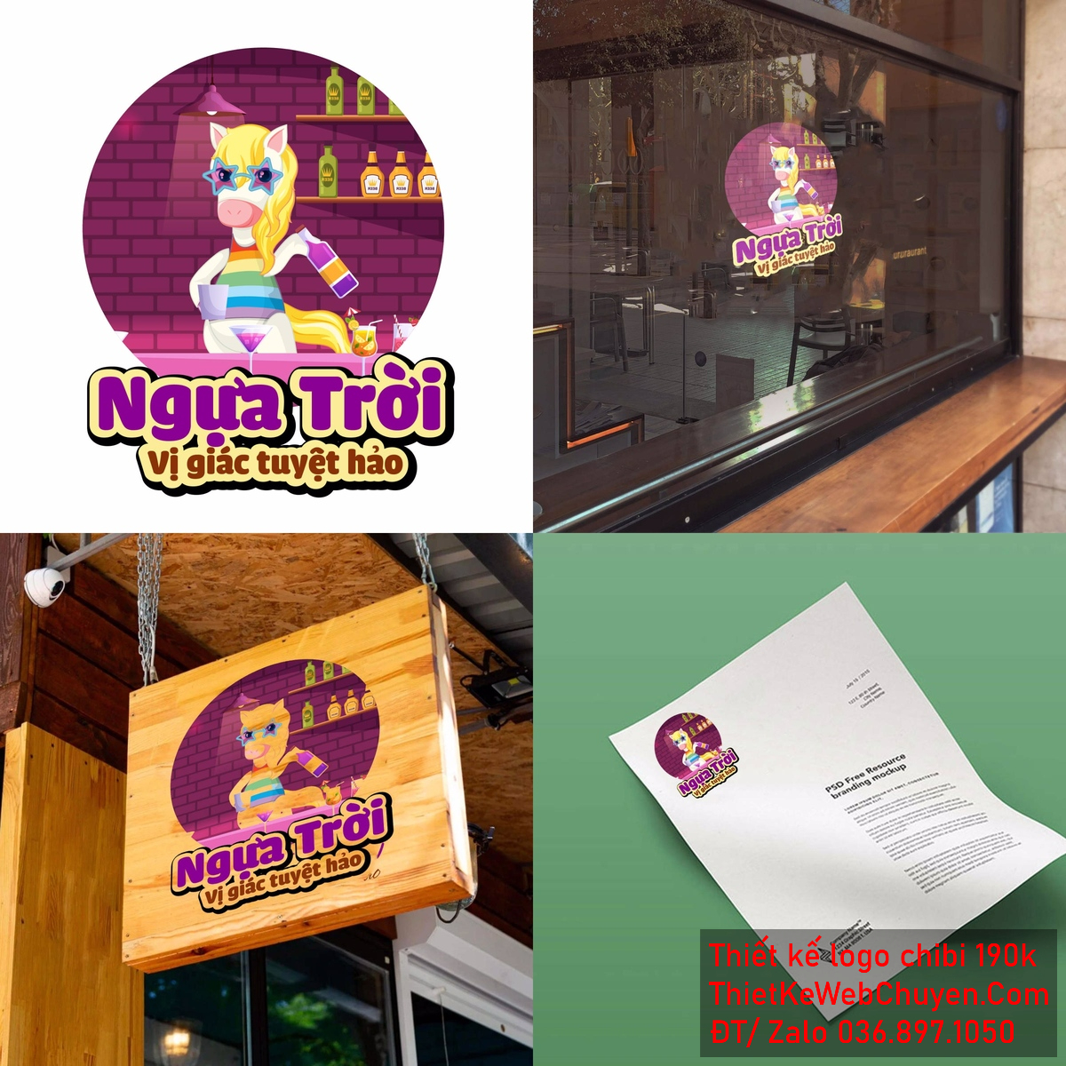 Vẽ chibi chú ngựa trời mặc áo nhiều màu trắng đang pha chế để thiết kế logo - Tổng thể