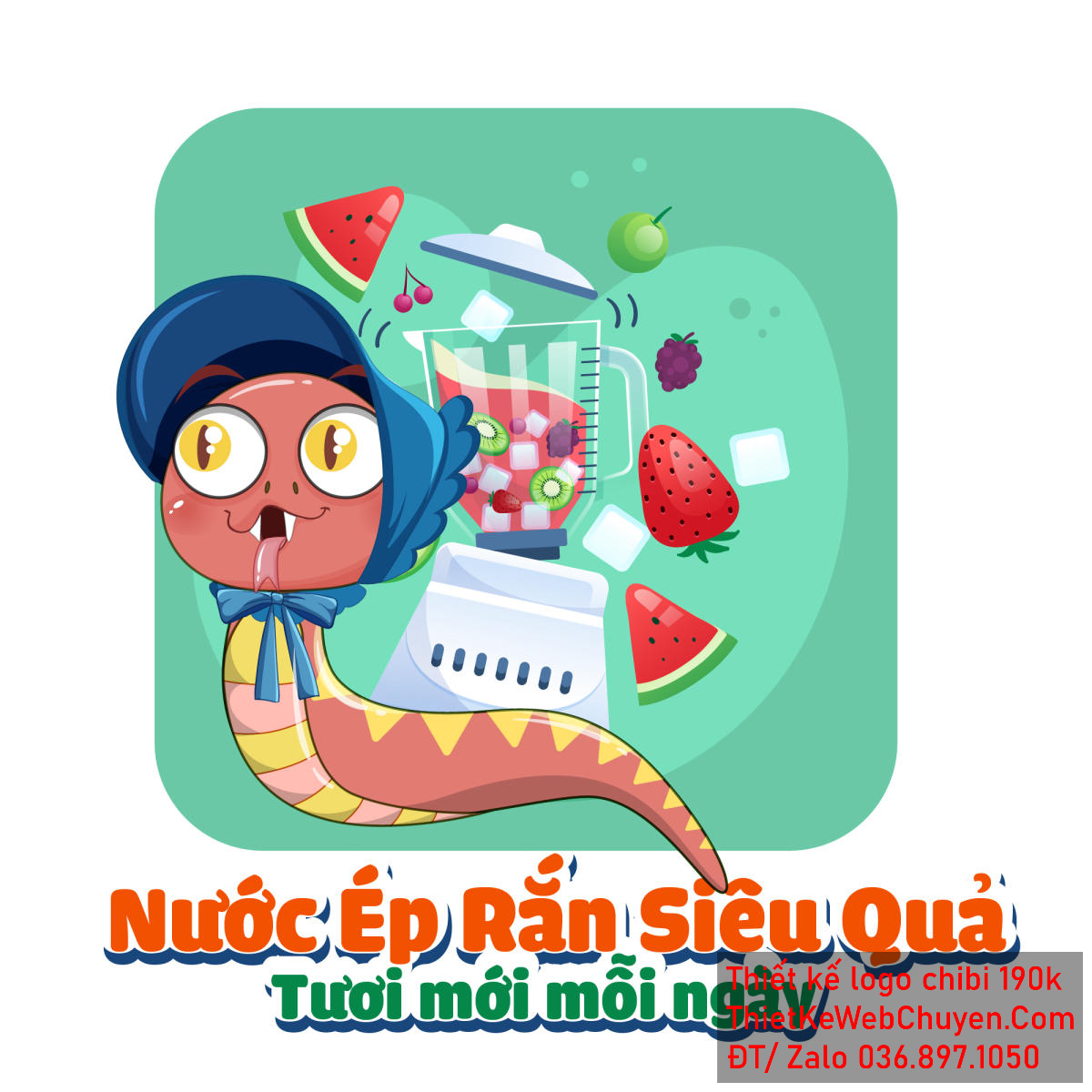 Vẽ chibi chú rắn bảo mẫu đang ép hoa quả để thiết kế logo - Phiên bản toàn thân