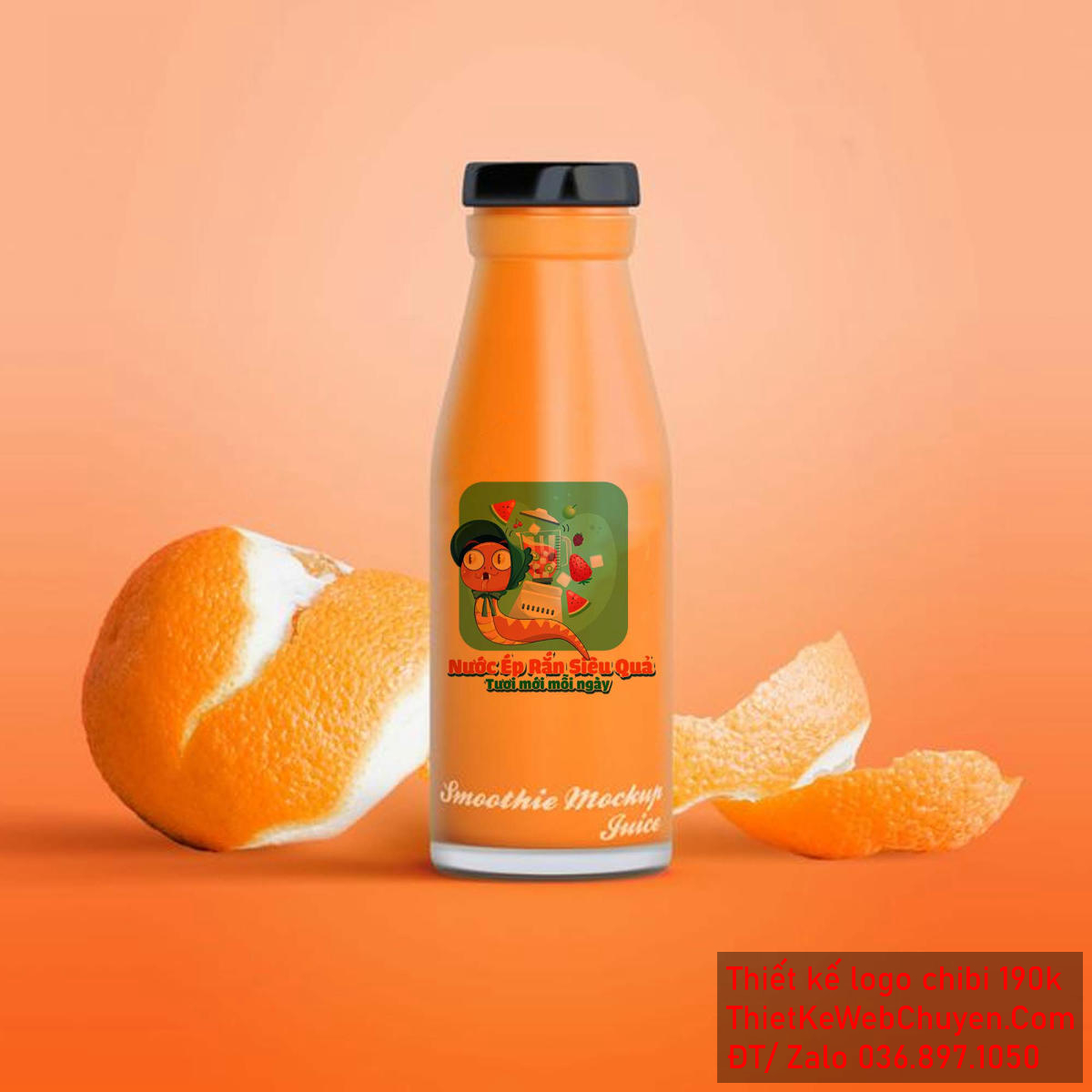 Vẽ chibi chú rắn bảo mẫu đang ép hoa quả để thiết kế logo - Góc cận cảnh