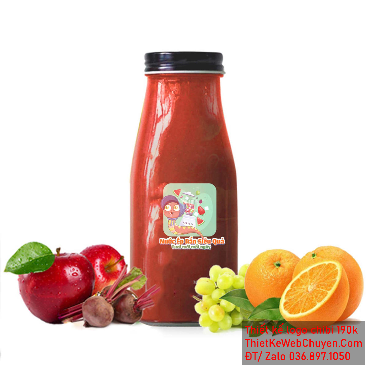 Vẽ chibi chú rắn bảo mẫu đang ép hoa quả để thiết kế logo - Chi tiết trái cây