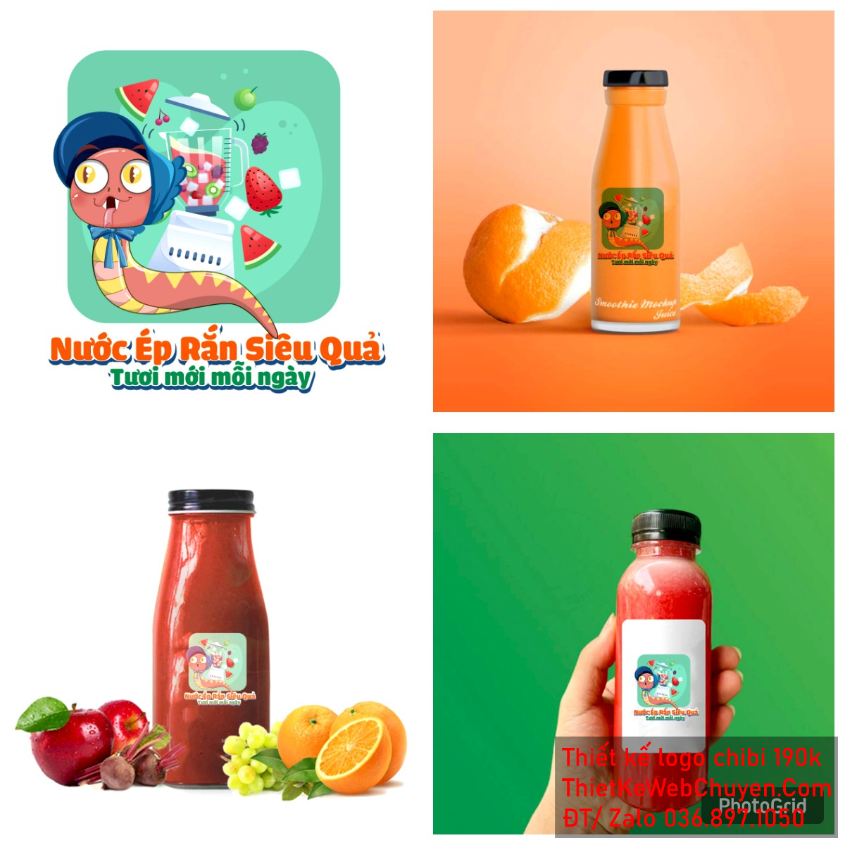 Vẽ chibi chú rắn bảo mẫu đang ép hoa quả để thiết kế logo - Hoàn thiện