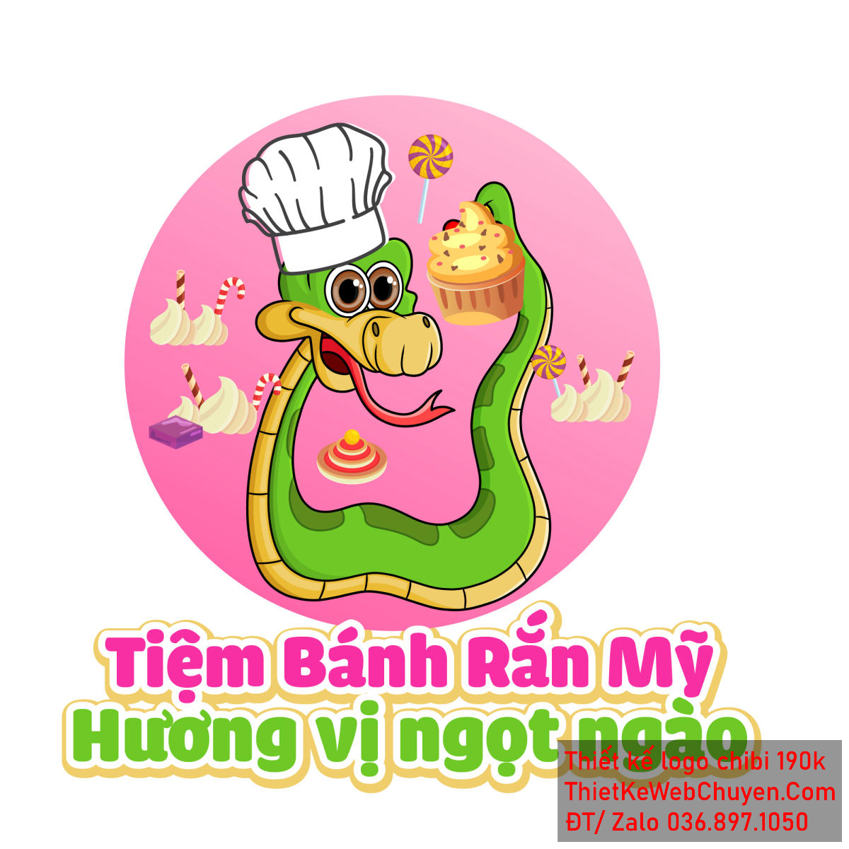 Vẽ chibi chú rắn đầu bếp bán bánh ngọt để thiết kế logo - Góc chính diện