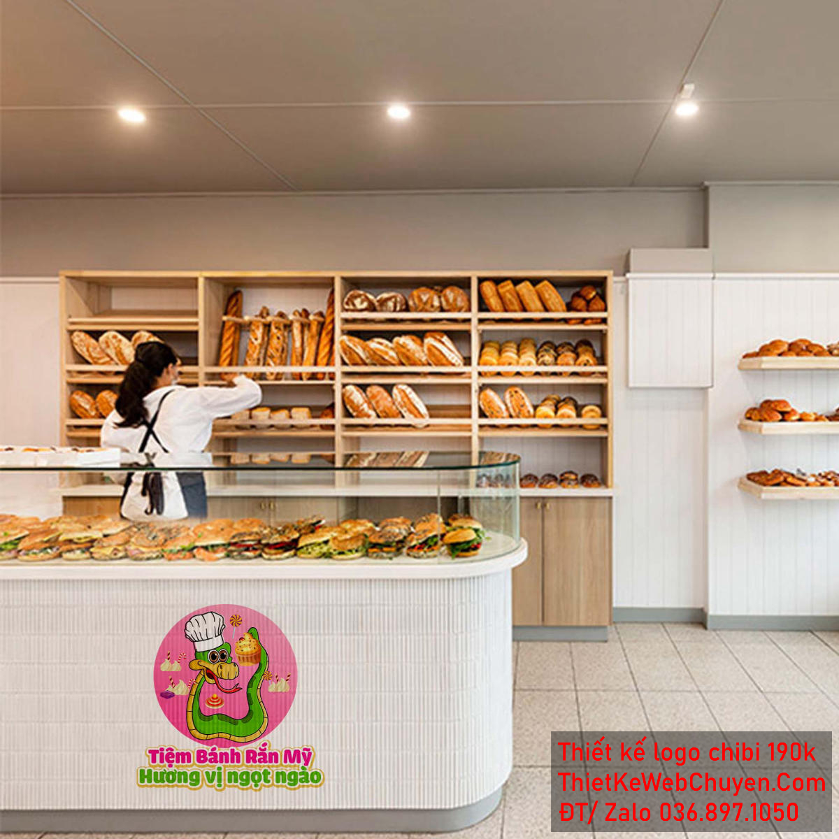 Chi tiết biểu cảm khi vẽ chibi chú rắn đầu bếp bán bánh ngọt để thiết kế logo