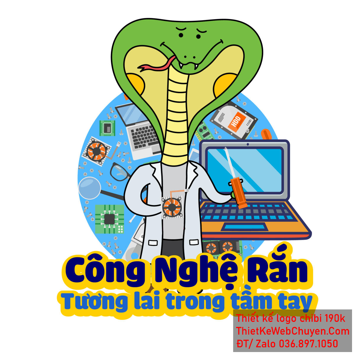 Vẽ chibi chú rắn đầu xanh thân vàng đang thí nghiệm công nghệ để thiết kế logo - Góc nhìn 1